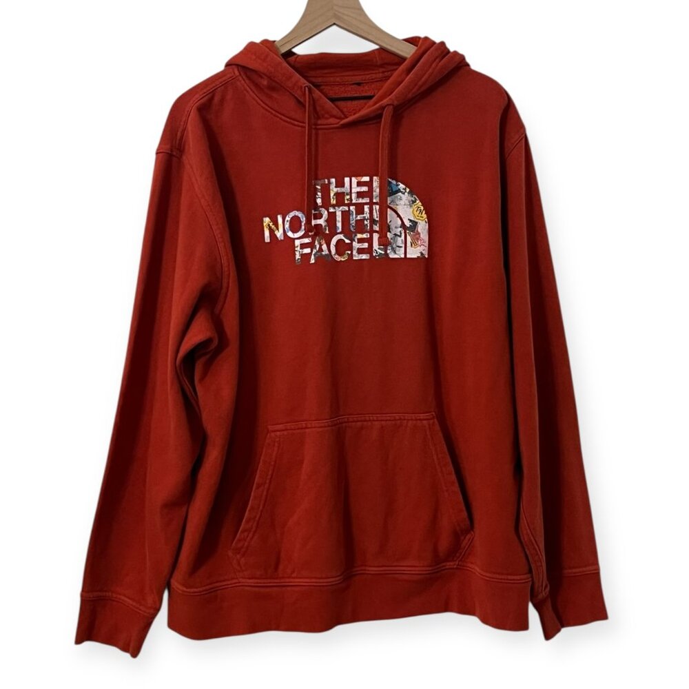 The North Face Rust Red Graphic Logo Hoodie Men’s Size L Pullover Sweatshirt